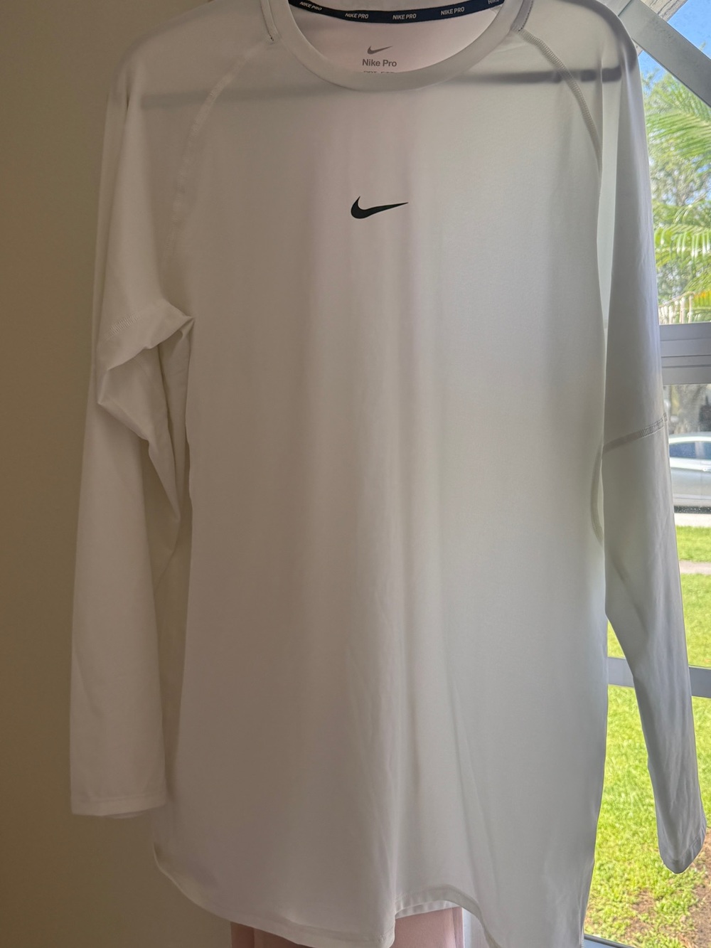 Nike White Long-Sleeve Dri-Fit Training Tee with Black Swoosh